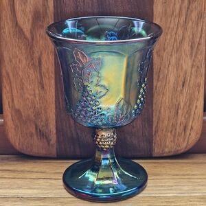 Blue Carnival Glass Harvest Grapes Pedastal Water/Wine Goblet
